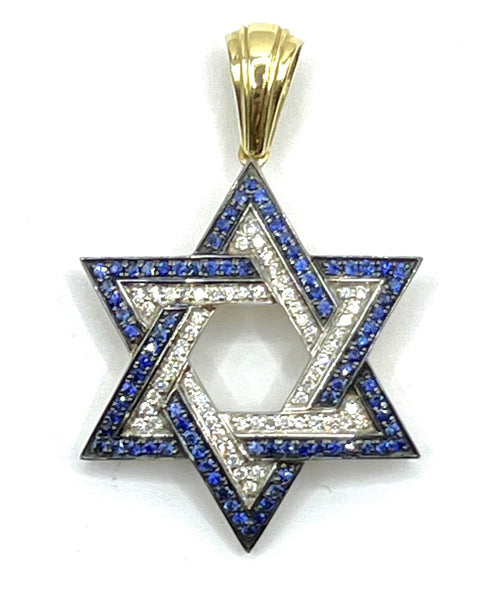 14K Gold & Diamond With Sapphire Star of David Necklace
